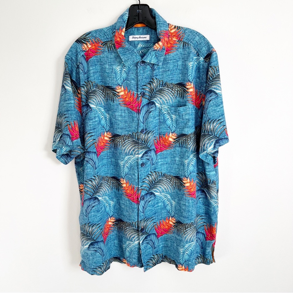 Tommy Bahama Silk Hawaiian Shirt Tropical Floral Button Up Mens XL